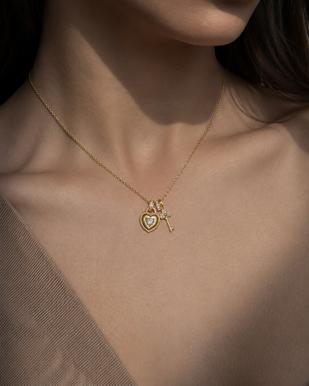 Lab Grown Diamond Heart & Key Pendant Necklace | Round Brilliant Cut Diamond Charm with Vintage Inspired Design
