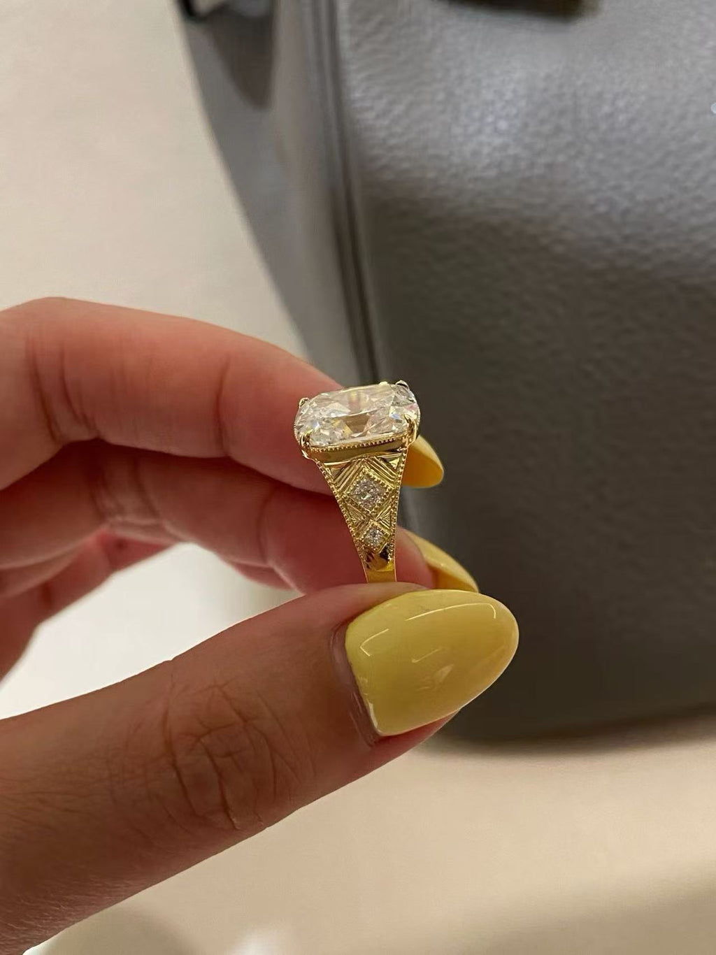3 Carat Cushion Cut Lab Grown Diamond Ring 18K Yellow Gold