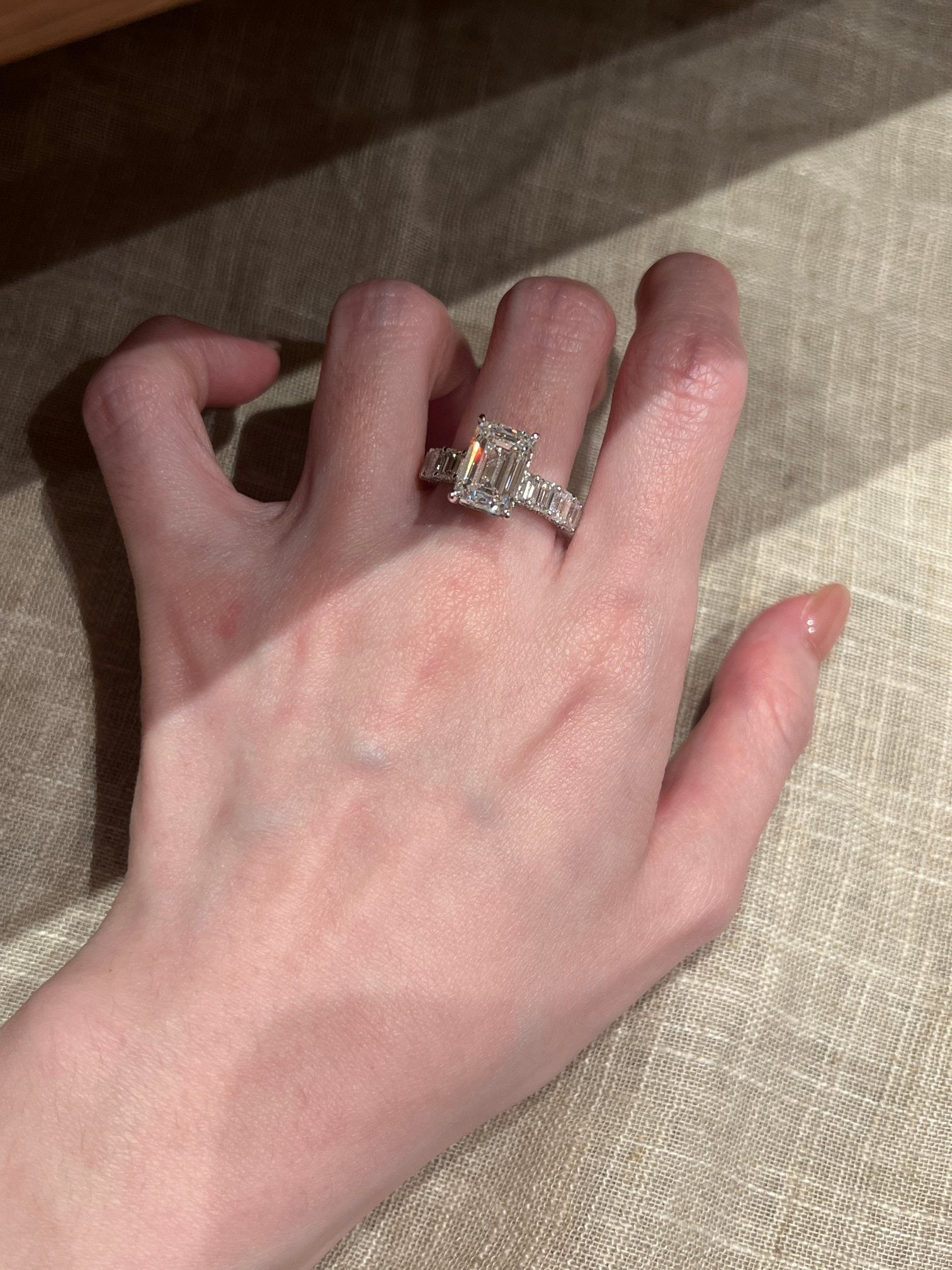 2.3ct Emerald Cut Lab Grown Diamond Ring | Baguette Diamond Pavé Band Engagement Ring | Platinum