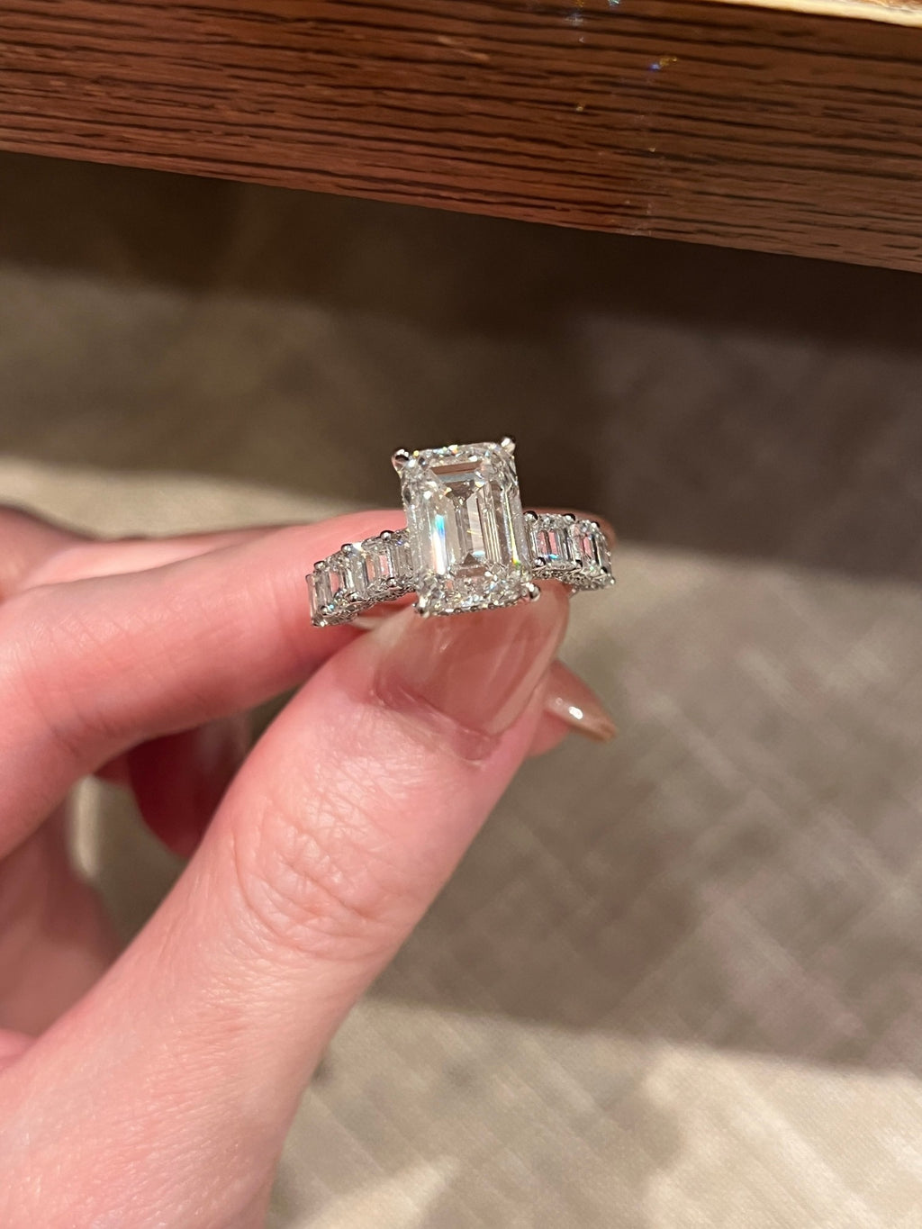 2.3ct Emerald Cut Lab Grown Diamond Ring | Baguette Diamond Pavé Band Engagement Ring | Platinum