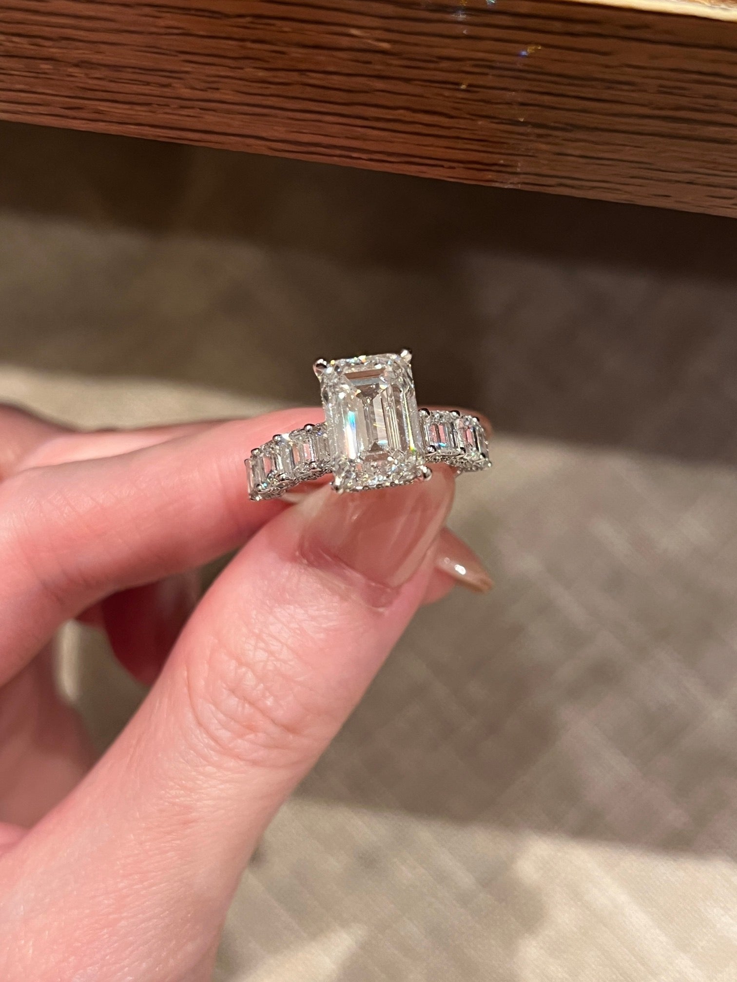 2.3ct Emerald Cut Lab Grown Diamond Ring | Baguette Diamond Pavé Band Engagement Ring | Platinum