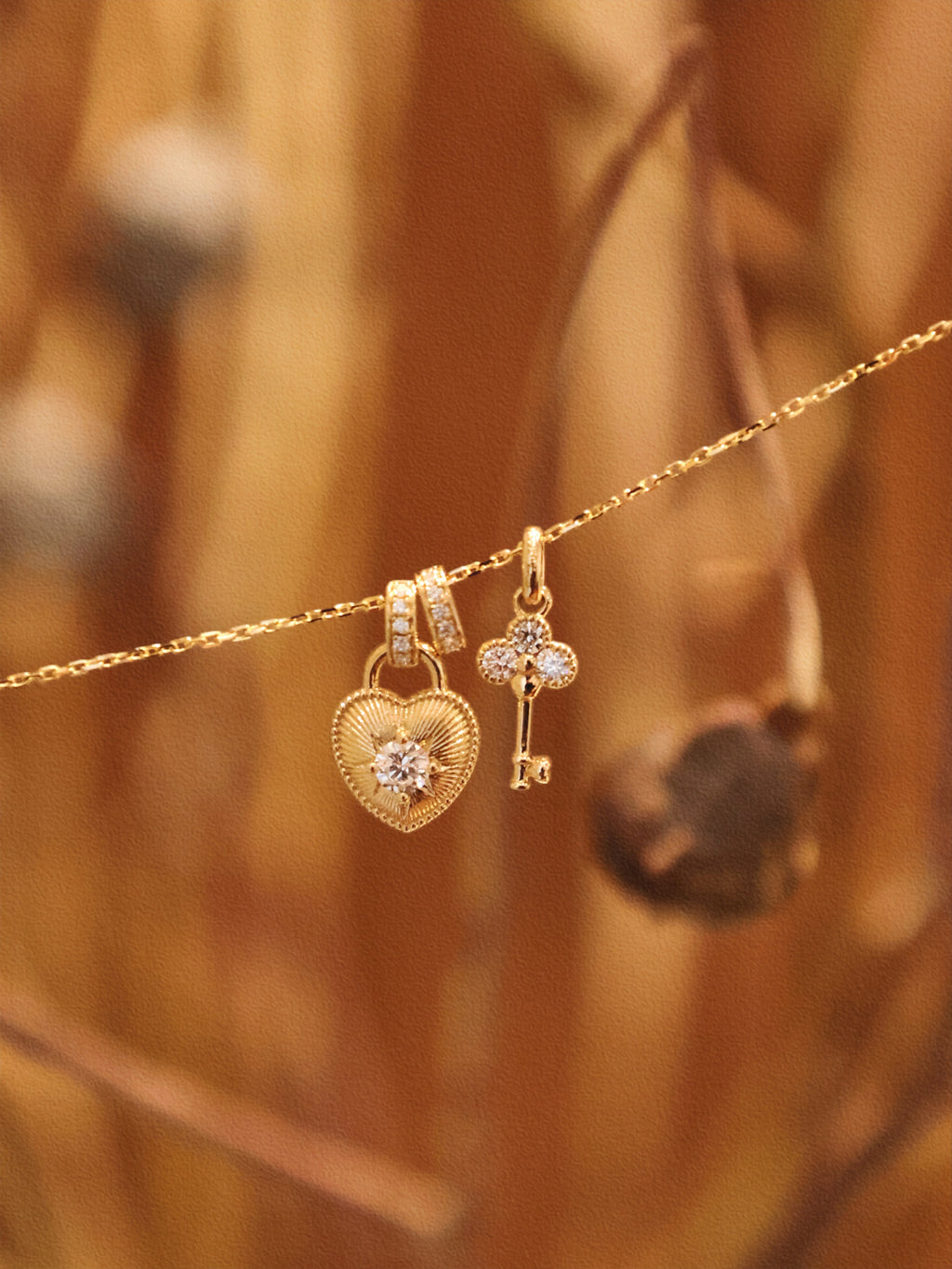 Lab Grown Diamond Heart & Key Pendant Necklace | Round Brilliant Cut Diamond Charm with Vintage Inspired Design