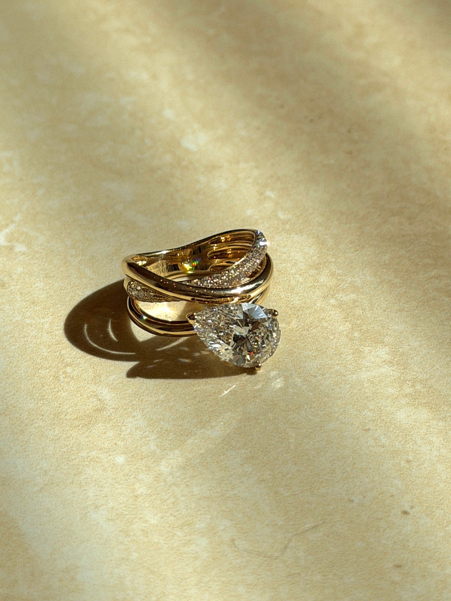 2.0ct Pear Shape Lab Grown Diamond Ring | Double Wave Pavé Band with Floating Pear Center Stone | 18K Gold