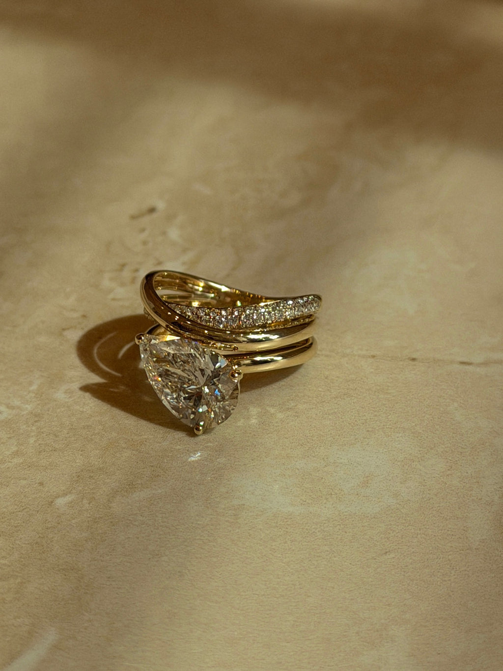 2.0ct Pear Shape Lab Grown Diamond Ring | Double Wave Pavé Band with Floating Pear Center Stone | 18K Gold