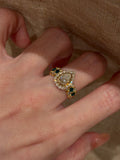 2.3ct Pear Shape Lab Grown Diamond Ring | Vintage Inspired Halo Ring with Green Gemstone Accents | 14K/18K Gold