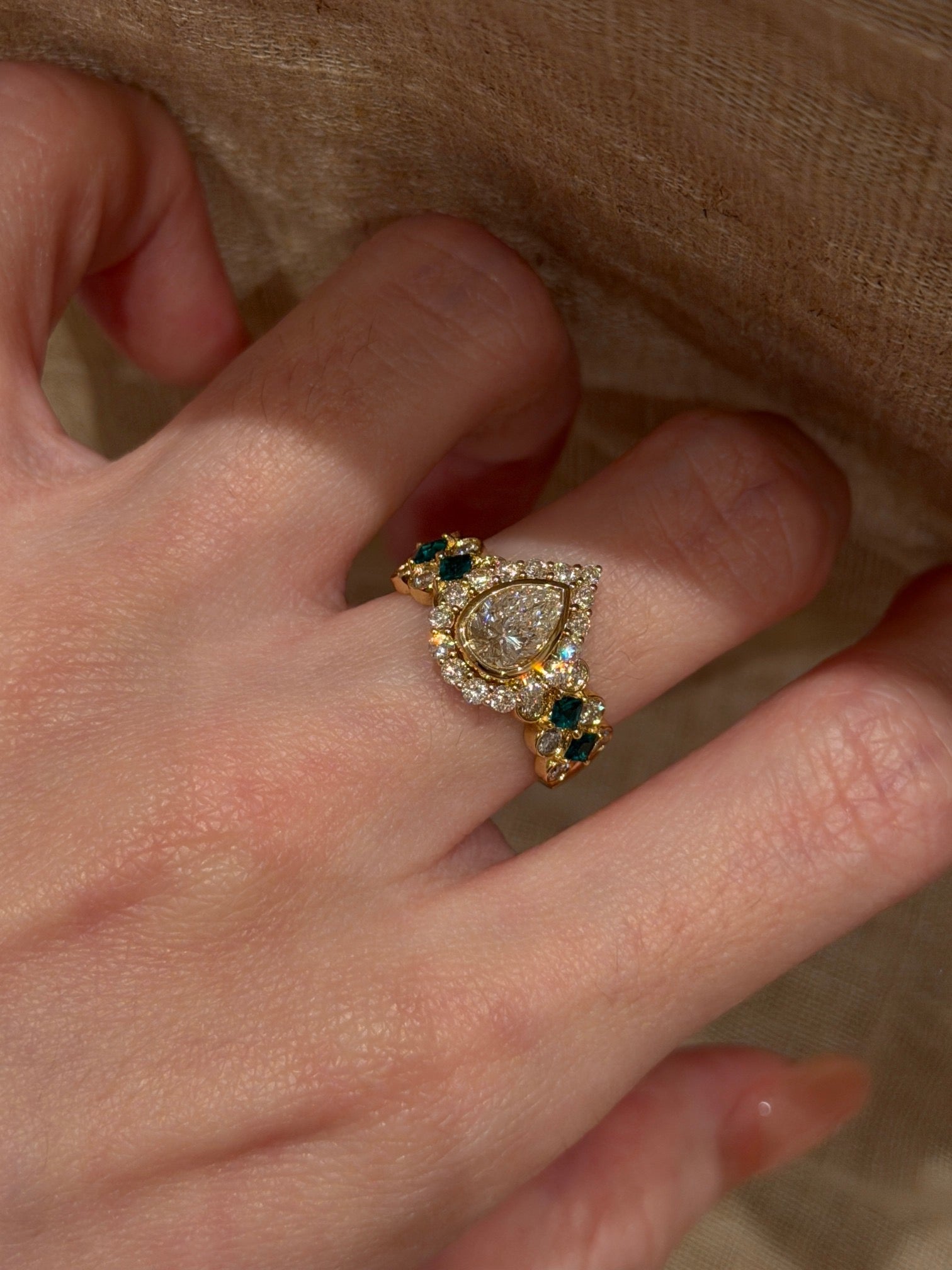 2.3ct Pear Shape Lab Grown Diamond Ring | Vintage Inspired Halo Ring with Green Gemstone Accents | 14K/18K Gold