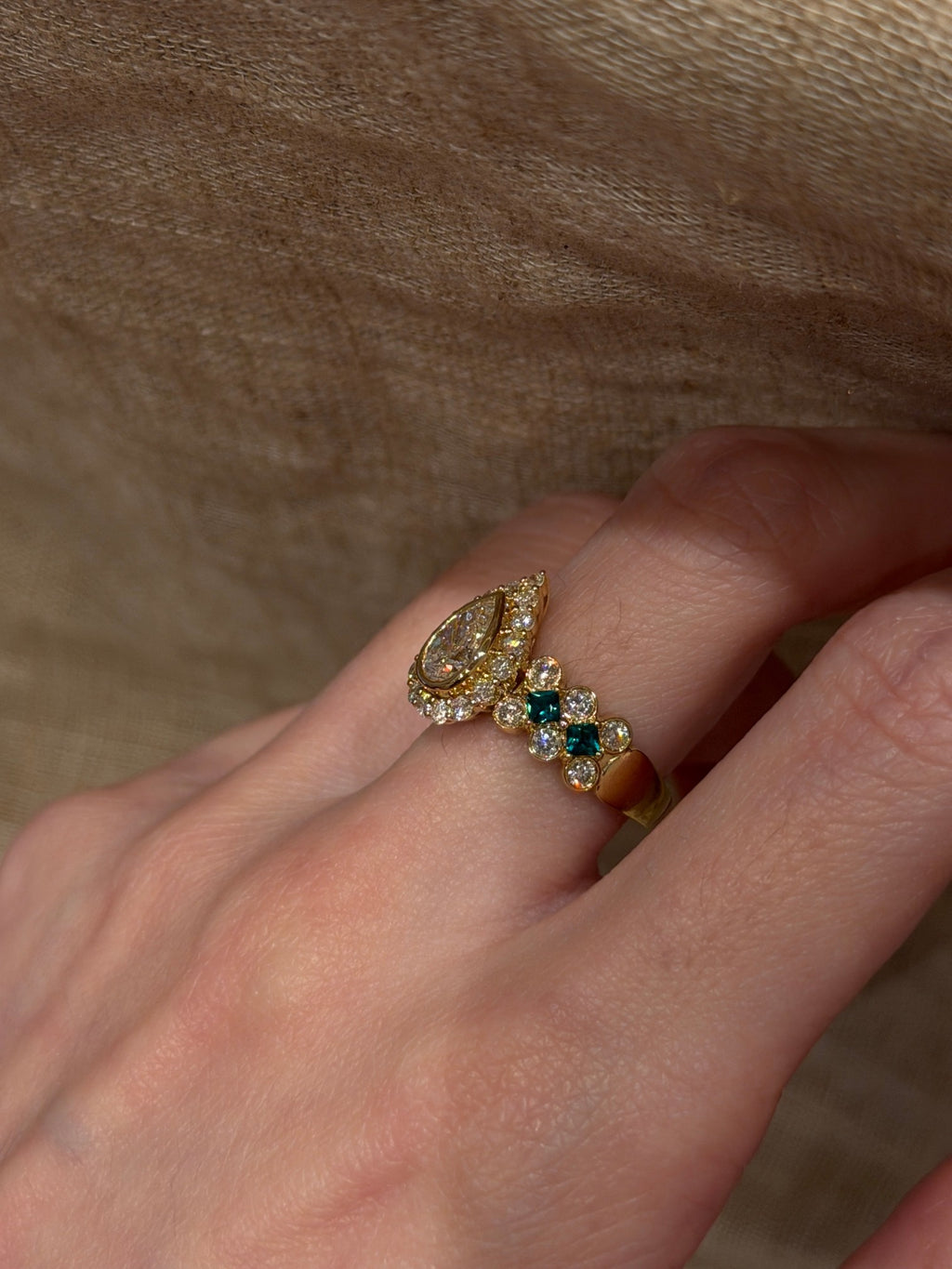 2.3ct Pear Shape Lab Grown Diamond Ring | Vintage Inspired Halo Ring with Green Gemstone Accents | 14K/18K Gold