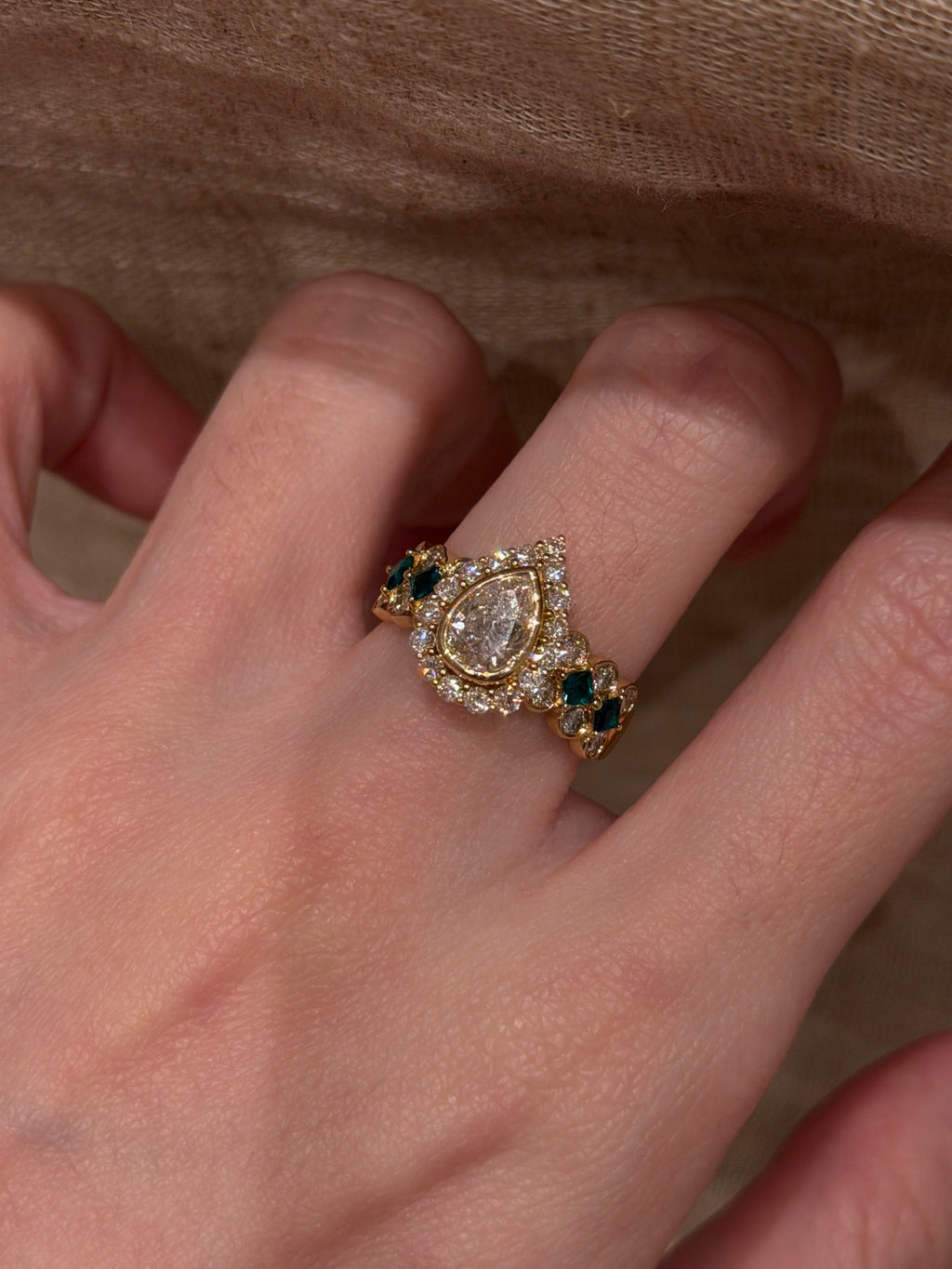 2.3ct Pear Shape Lab Grown Diamond Ring | Vintage Inspired Halo Ring with Green Gemstone Accents | 14K/18K Gold