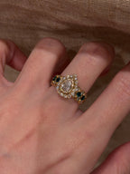 2.3ct Pear Shape Lab Grown Diamond Ring | Vintage Inspired Halo Ring with Green Gemstone Accents | 14K/18K Gold