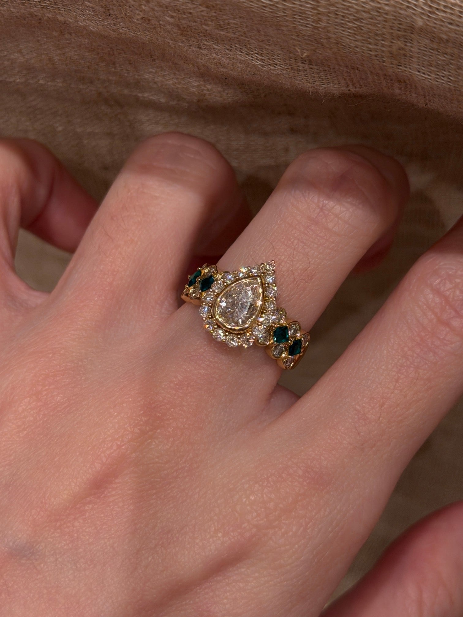 2.3ct Pear Shape Lab Grown Diamond Ring | Vintage Inspired Halo Ring with Green Gemstone Accents | 14K/18K Gold
