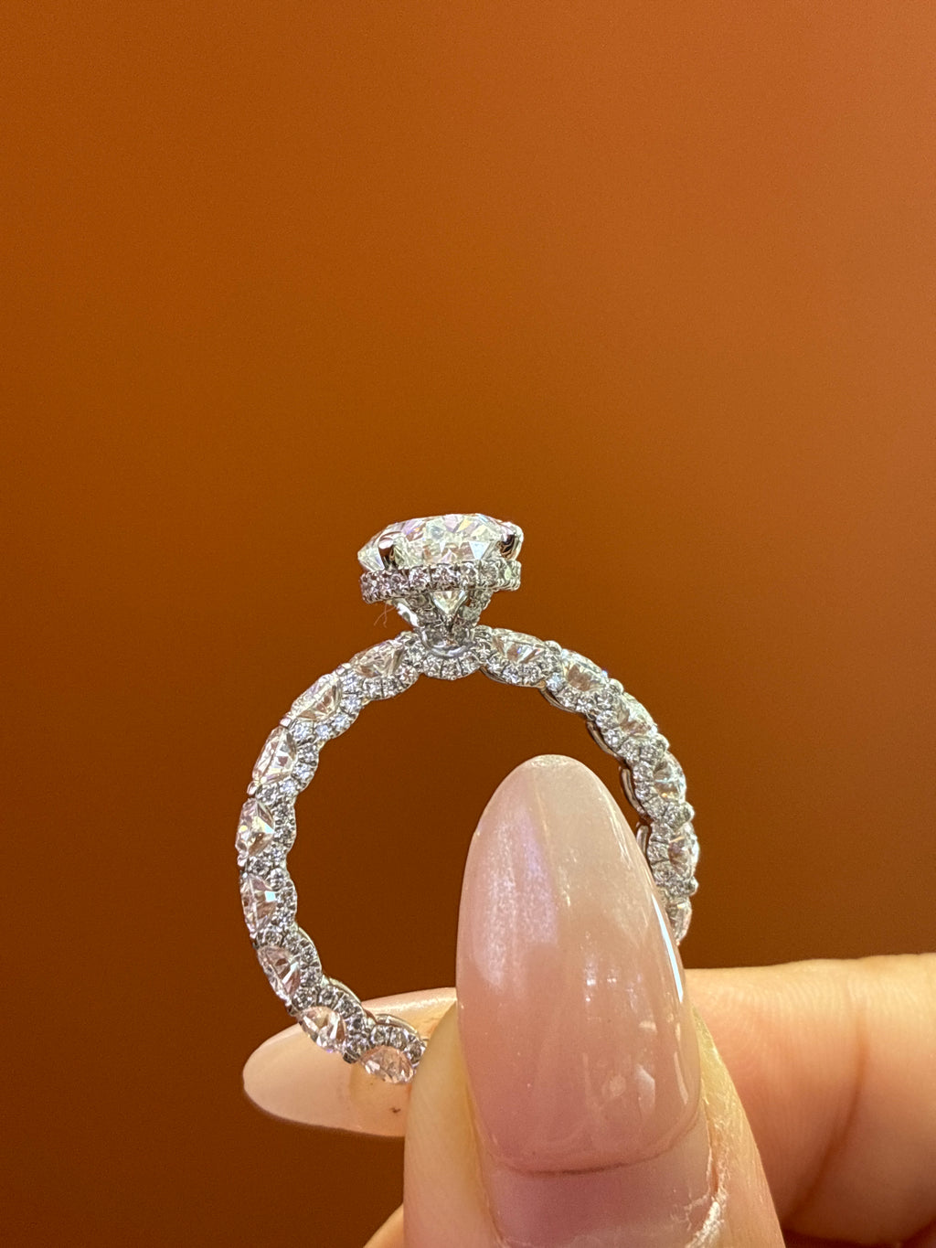 For Shaylyn — 18K White Gold, Oval-Cut White Diamond, center stone approximately 3.2 carats, side stones approximately 4.5 carats, D/VVS2.