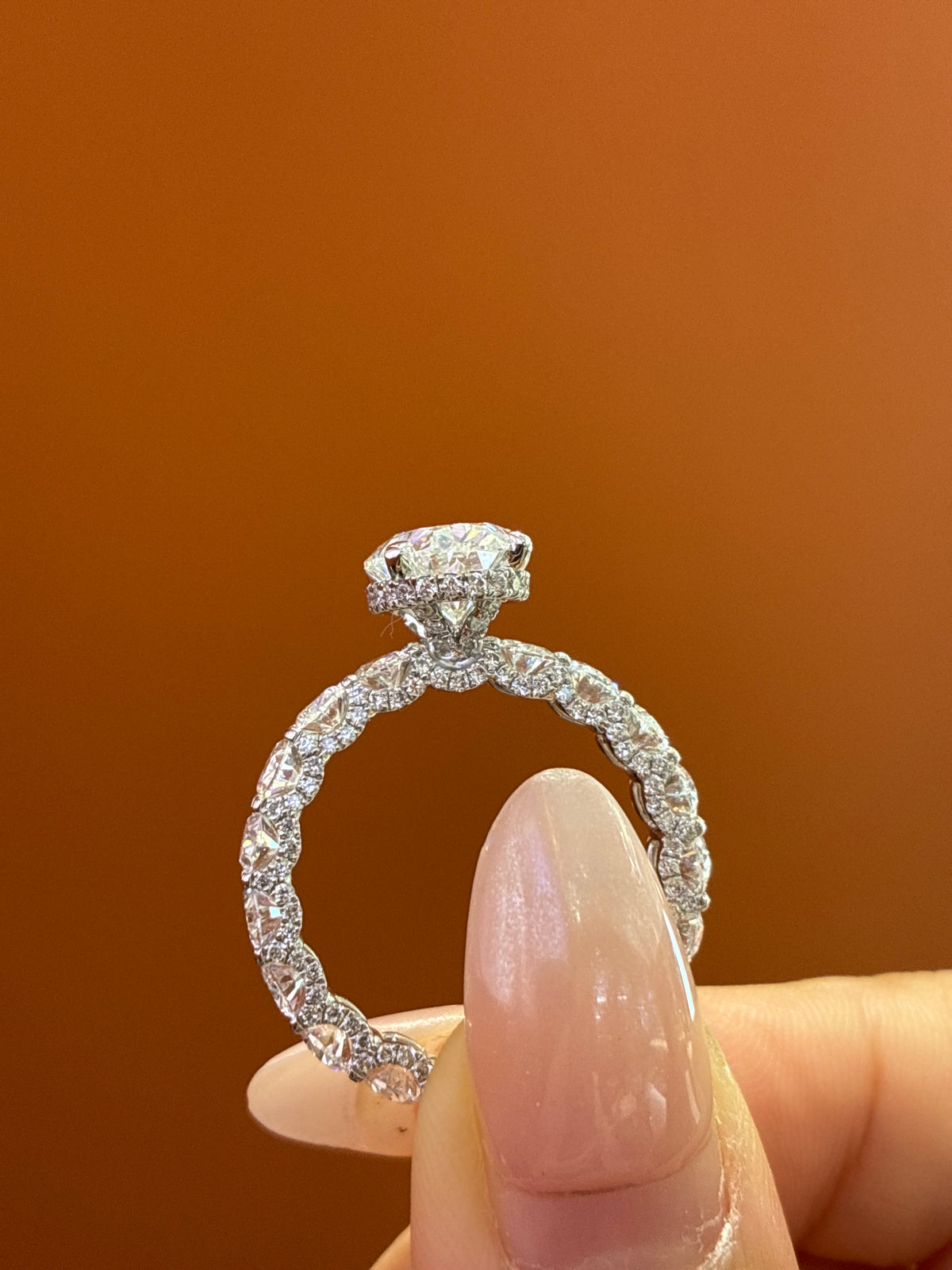 For Shaylyn — 18K White Gold, Oval-Cut White Diamond, center stone approximately 3.2 carats, side stones approximately 4.5 carats, D/VVS2.