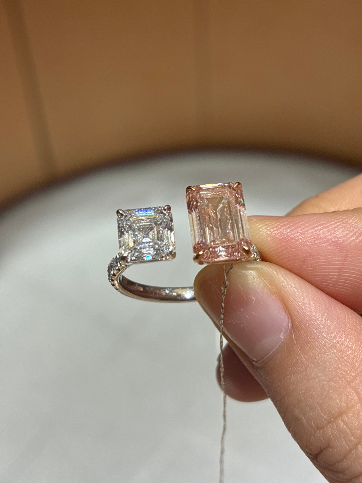 For Rose 18k white pink Emerald white diamond Assher about 5ct ring