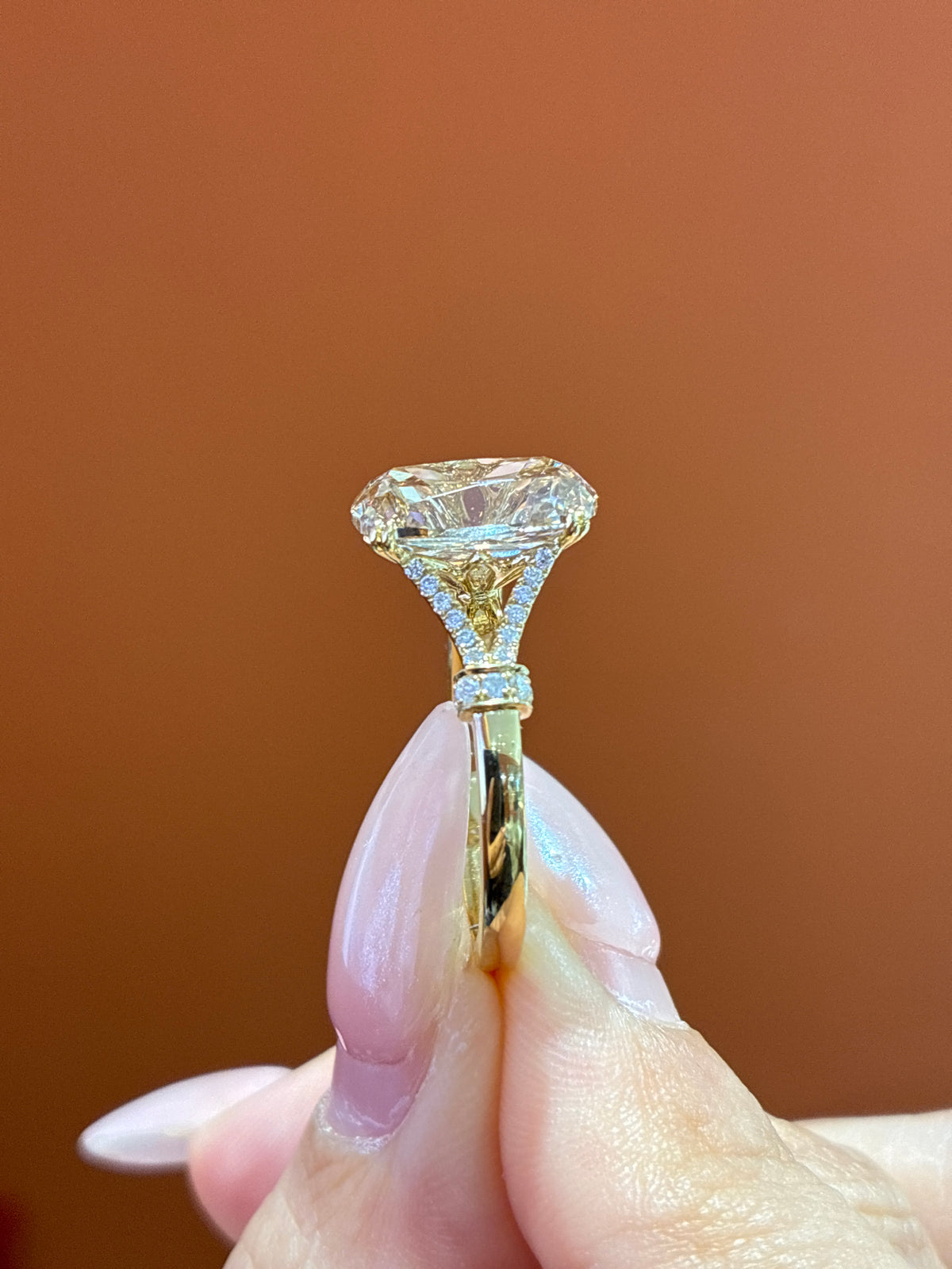 for amy 18k Old Mine Cut, about 4.5 carats for the center stone.