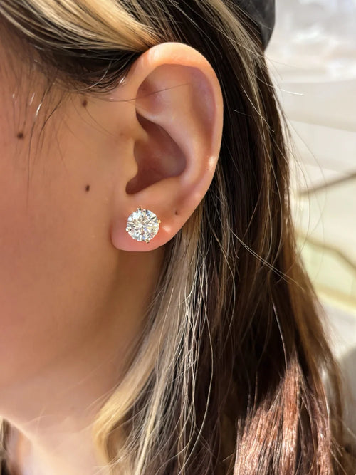 3 Carat Each Round Lab Grown Diamond Stud Earrings | Martini Setting Four Prong | 18K Yellow Gold