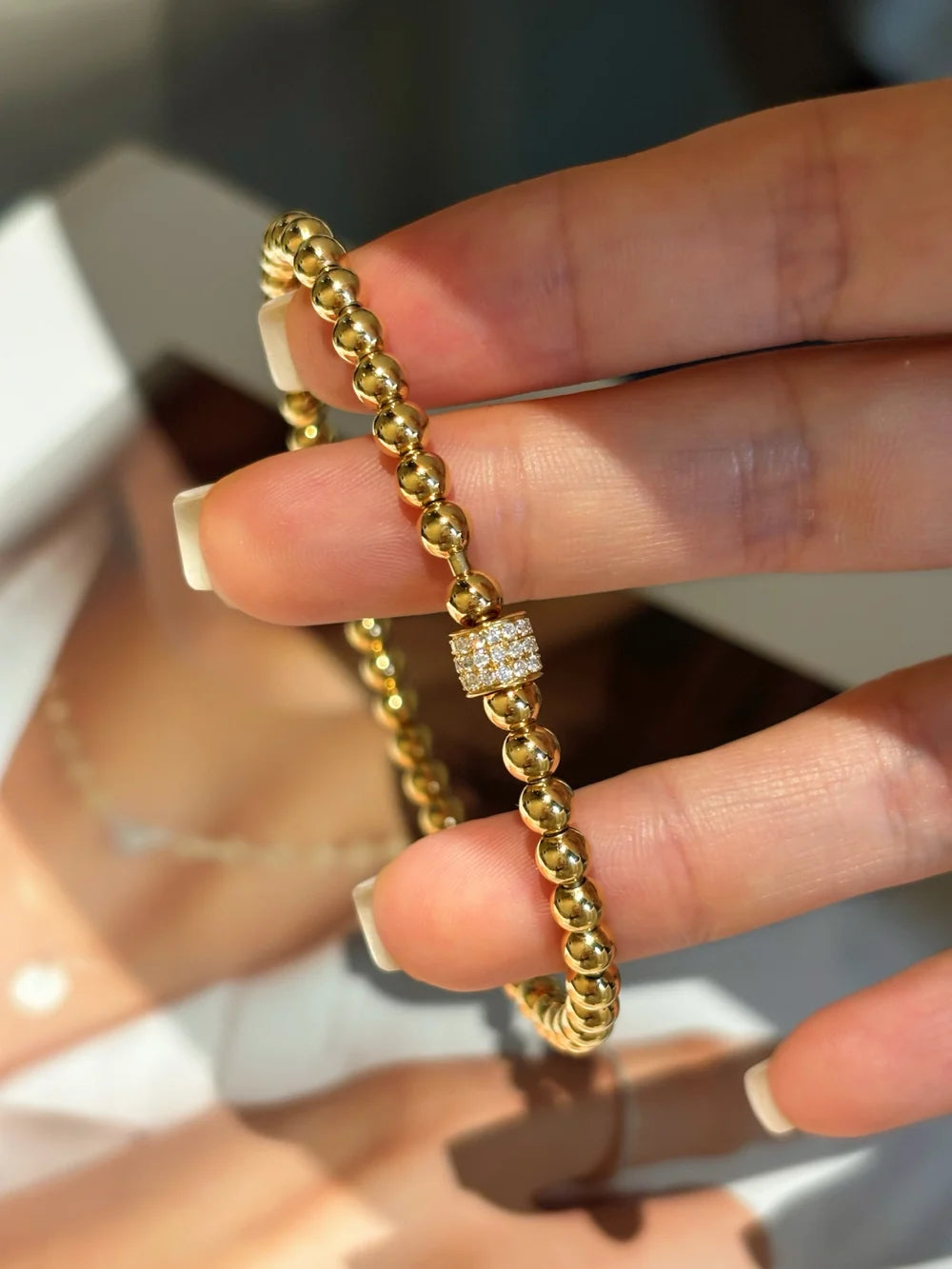 Elastic Beaded Lab Grown Diamond Bracelet | Rotating Diamond Center Bead | 18K Yellow Gold