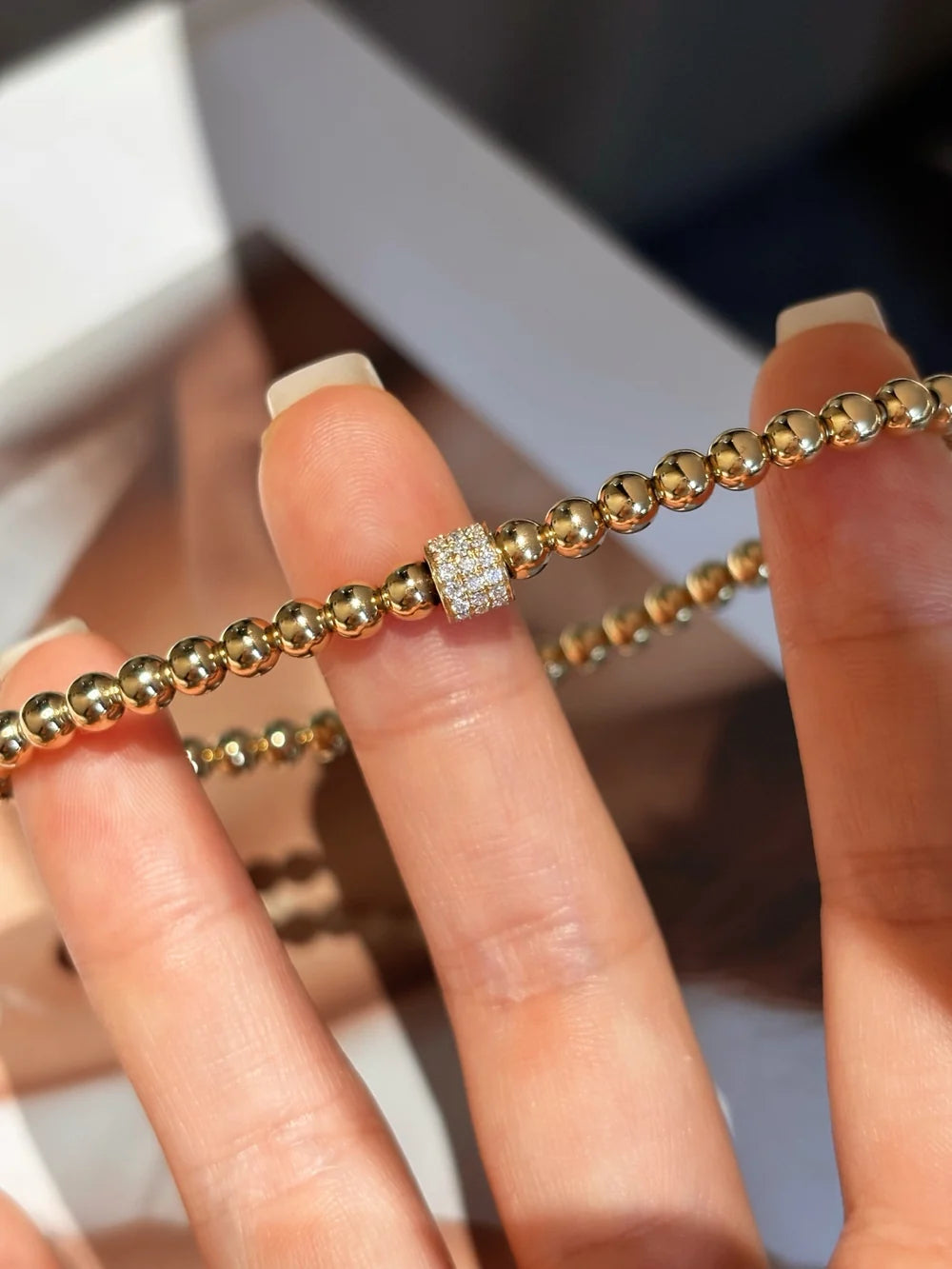 Elastic Beaded Lab Grown Diamond Bracelet | Rotating Diamond Center Bead | 18K Yellow Gold