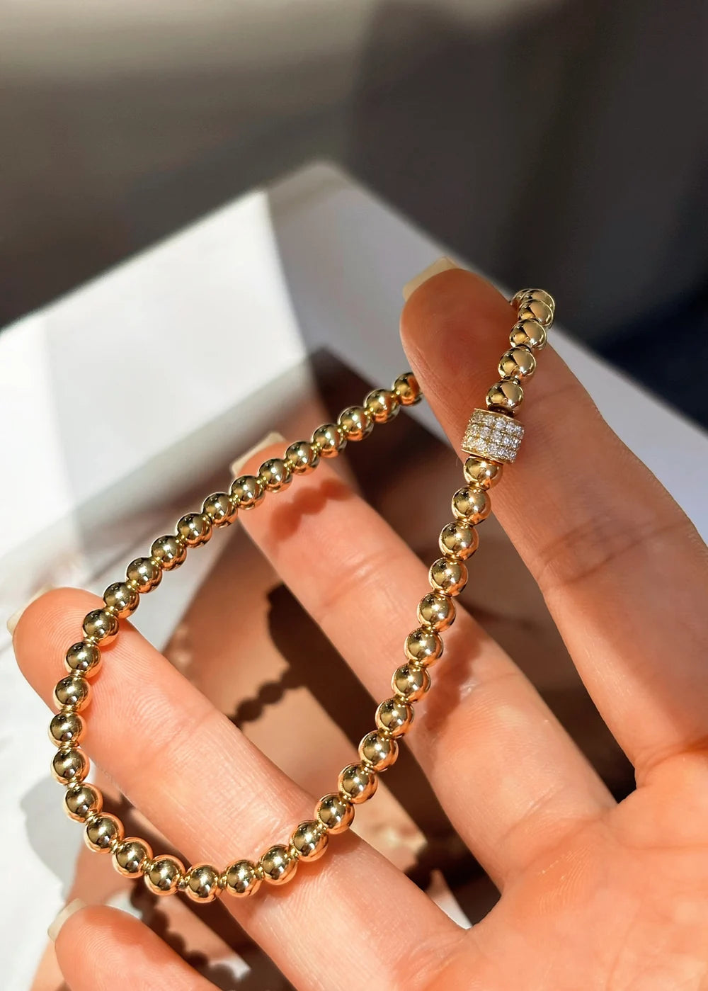 Elastic Beaded Lab Grown Diamond Bracelet | Rotating Diamond Center Bead | 18K Yellow Gold