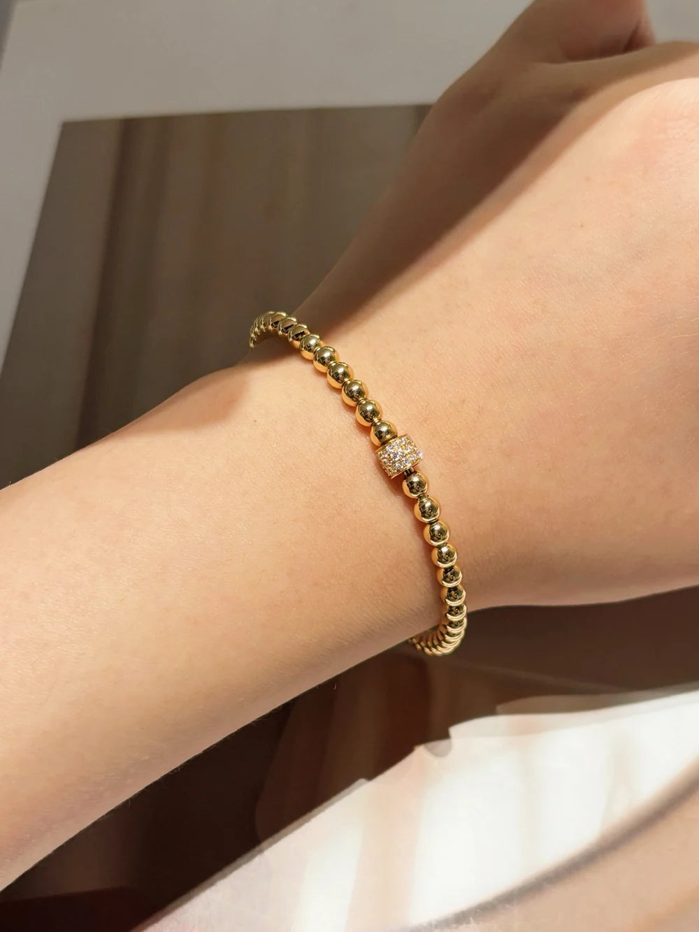 Elastic Beaded Lab Grown Diamond Bracelet | Rotating Diamond Center Bead | 18K Yellow Gold