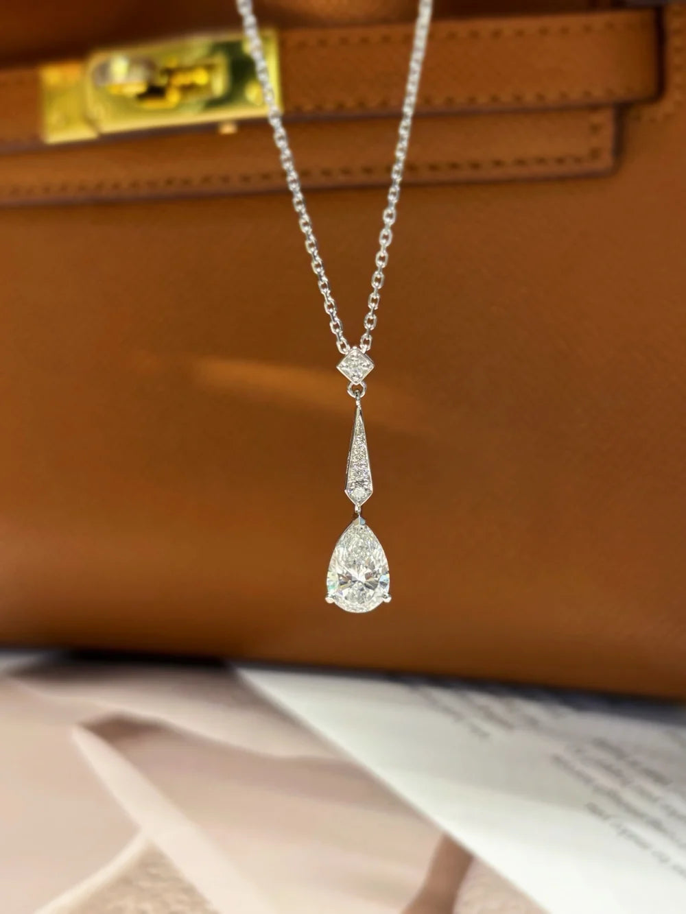 Pear Shape Lab Grown Diamond Necklace | Graduated Teardrop with Princess Cut Accent | Platinum
