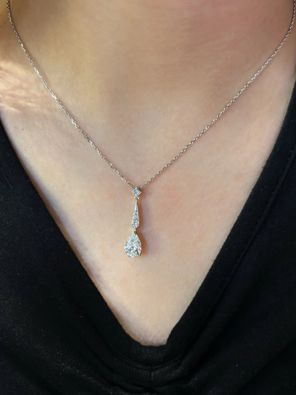 Pear Shape Lab Grown Diamond Necklace | Graduated Teardrop with Princess Cut Accent | Platinum
