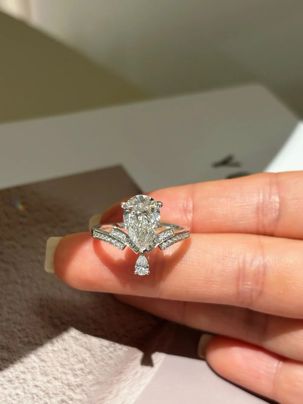 Pear Shape Lab Grown Diamond Ring | Double V Pavé Band with Pear Accents | Platinum