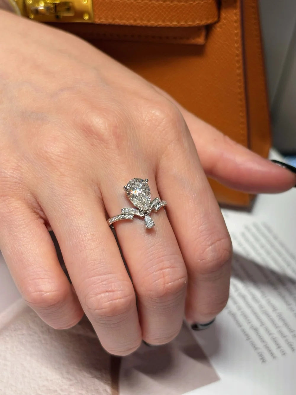 Pear Shape Lab Grown Diamond Ring | Double V Pavé Band with Pear Accents | Platinum