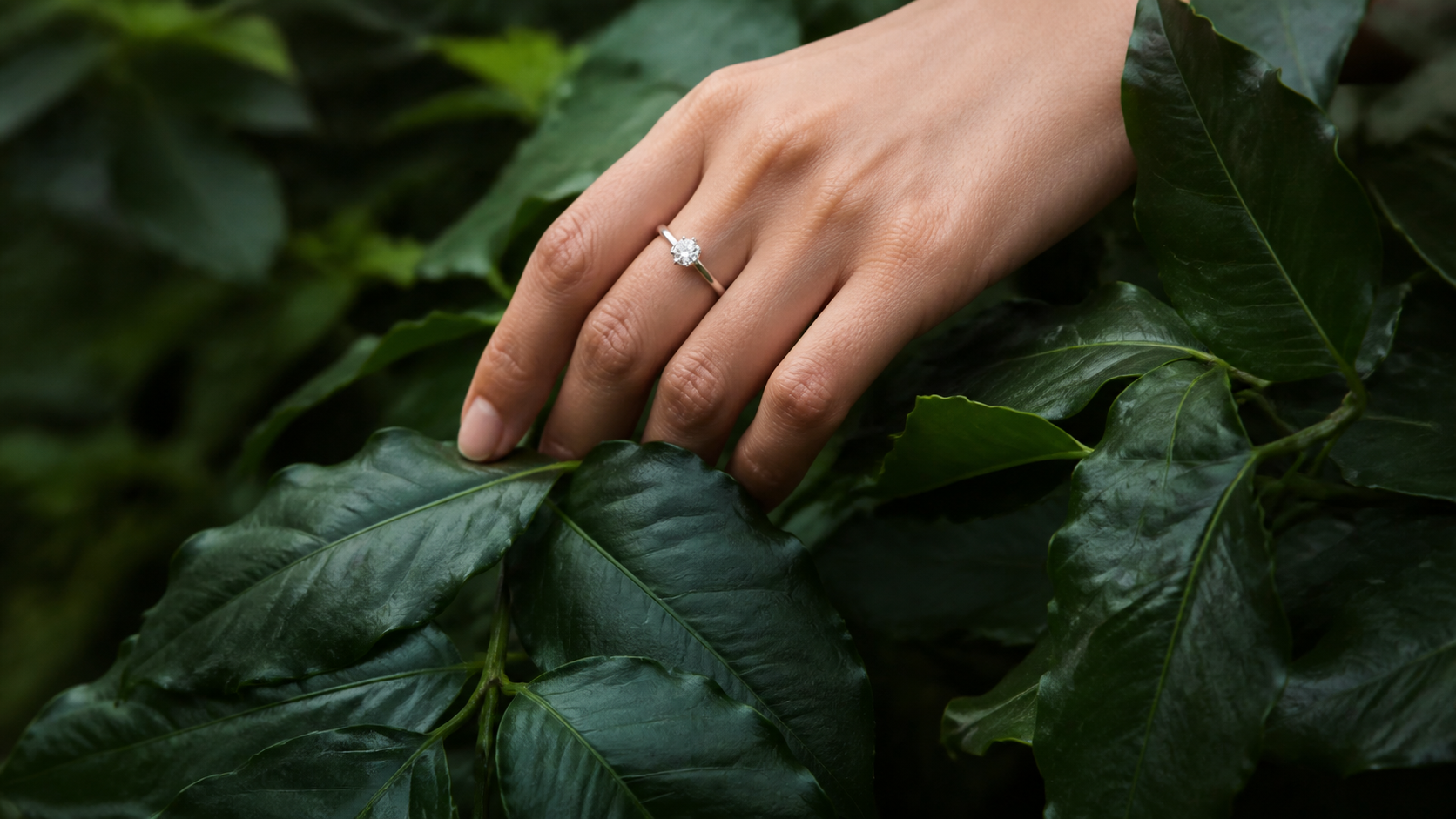 Woman wearing a Zoey Jewelry solitaire diamond ring among green leaves